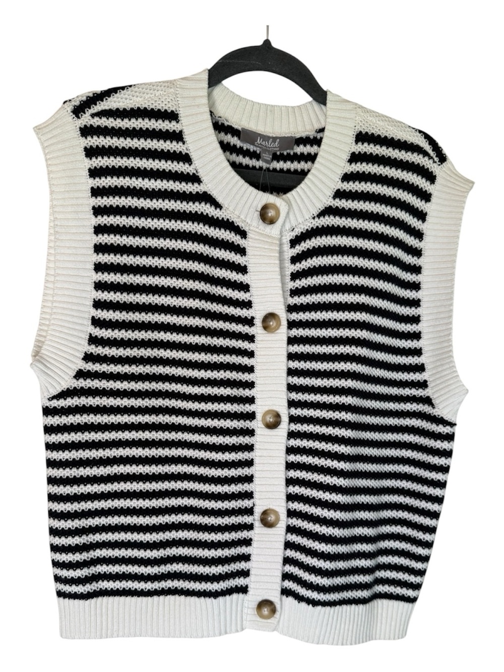 Marled Black & White Striped Knit Button-Up Sweater Vest, Women’s